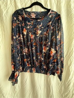 Democracy Navy Floral Ruffled Button-Front Blouse